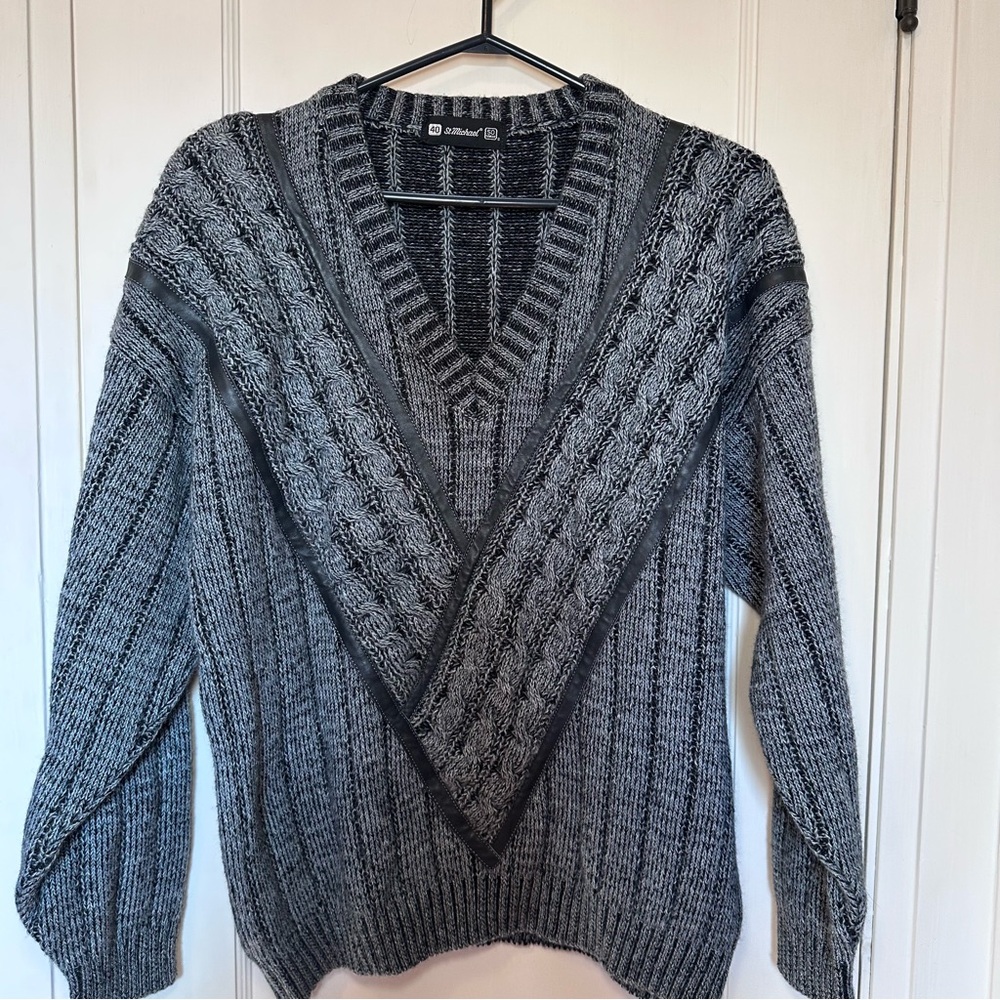 Vintage St Michael V-Neck Wool Blend Grey Sweater, Leather Trim, Grandpacore